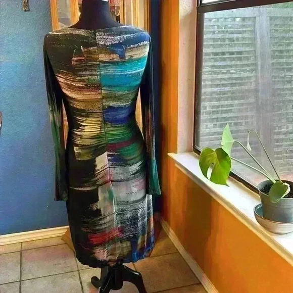 Kay Unger New York Dress Womens 6 Print Long Sleeve Watercolor Sheath Dress - Picture 2 of 3